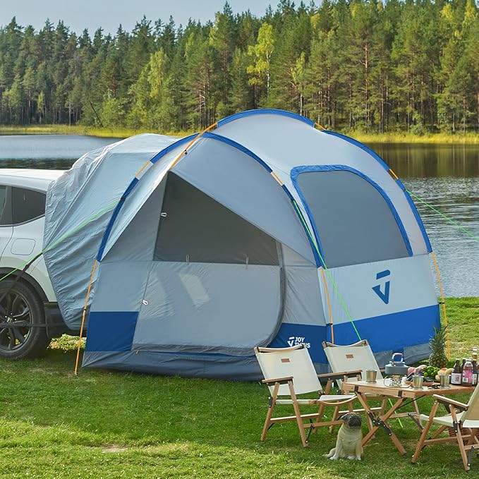 JOYTUTUS SUV Tent for Camping with Rainfly, Double Door Design Car Tent with Aluminum Poles, SUV Tailgate Tent with Waterproof PU2000mm Double Layer for 4-8 Person, Blue