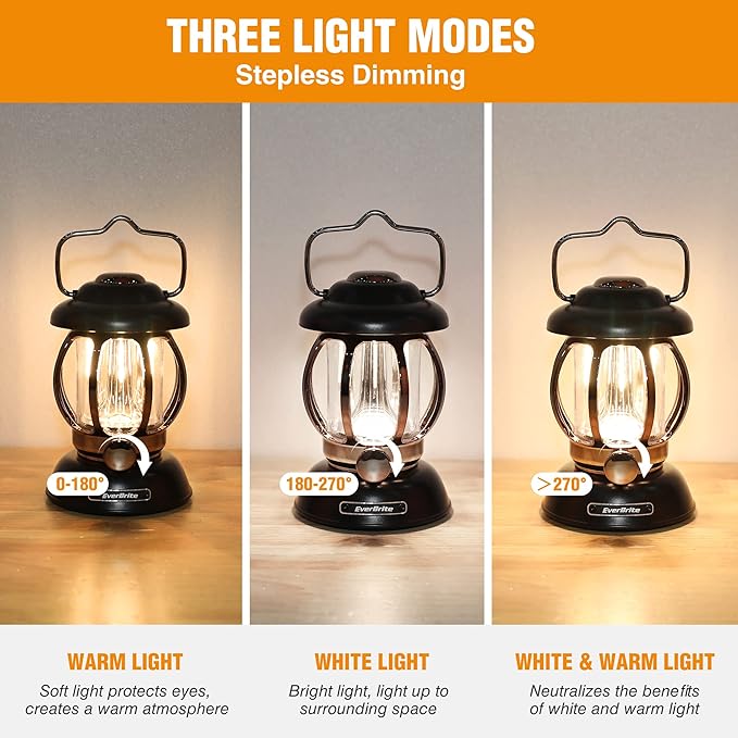 EverBrite Camping Lantern Rechargeable, Retro Metal Camping Light, 4400mAh Battery Powered Hanging Vintage Camping Lamp, 3 Light Modes, Outdoor Tent Light, Emergency Lantern for Power Outage - Black