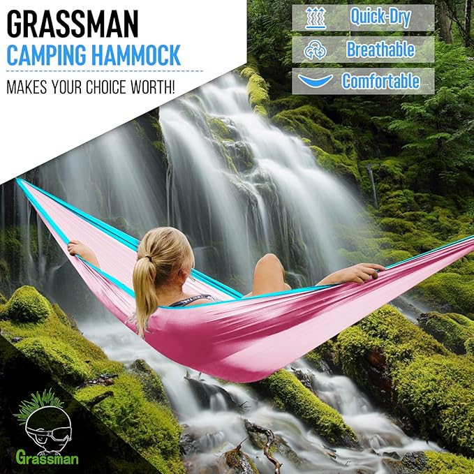 Grassman Camping Hammock Double & Single Portable Hammock with Tree Straps, Lightweight Nylon Parachute Hammocks Camping Accessories Gear for Indoor Outdoor Backpacking, Travel, Hiking, Beach