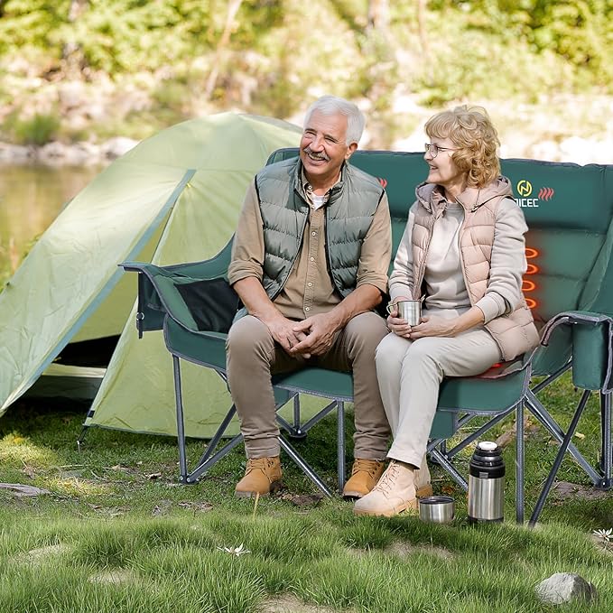 Nice C Heated Camping Chair with Battery, Heated Double Camping Couch, Oversized Thick Padded Loveseat, Heated Camping Chair for Adults, with Cooler Bag, Bottle Opener, Power Bank (Green)