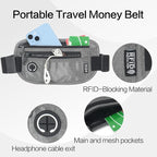 Slim RFID Blocking Money Belt for Travel - Anti-Theft Hidden Passport Holder Waist Wallet with Secure Pouch for Cash, Credit Cards & Phone Safe (Grey)