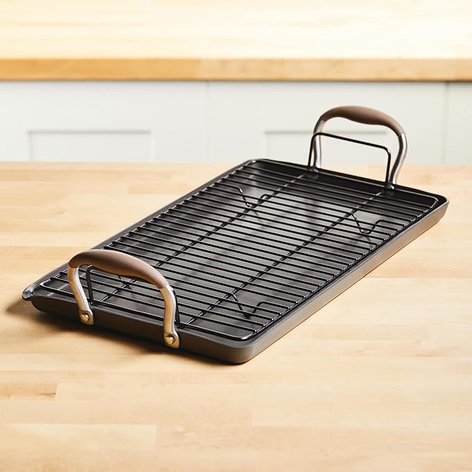 Anolon Advanced Home Hard Anodized Nonstick Double Burner Griddle/Grill Pan with Roasting Rack, 10 Inch x 18 Inch, Bronze