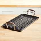 Anolon Advanced Home Hard Anodized Nonstick Double Burner Griddle/Grill Pan with Roasting Rack, 10 Inch x 18 Inch, Bronze