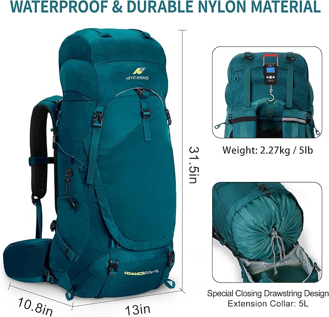 N NEVO RHINO Internal Frame Hiking Backpack 50/60/65/70/80L, Mountain Climbing Camping Backpack Daypack Waterproof Rain Cover