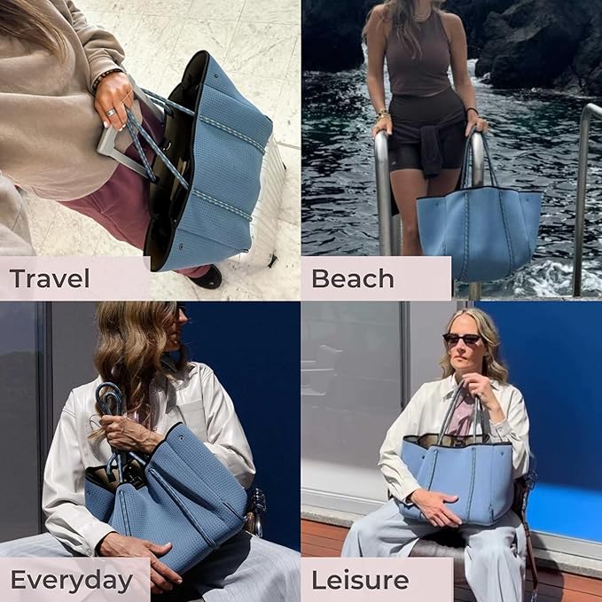 POPUPS Large Neoprene Tote Bag for Women - Everyday Designer Handbag for Travel Work and Beach with Pockets and Zipper Pouch