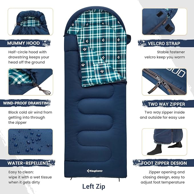 KingCamp Sleeping Bag for Adults, Cold Weather & Warm XL Big and Tall Flannel Sleeping Bags with Compression Sack Portable Waterproof Essentials Gear Accessories for Outdoor Camping