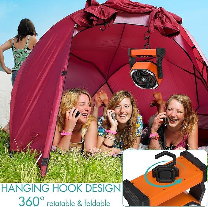 PANERGY Portable Camping Fan with Light, 20000mAh Rechargeable Battery Operated Outdoor Fan, 4 Speeds, 270° Pivoting & 360°Foldable Hook for Camping/Beach/Patio
