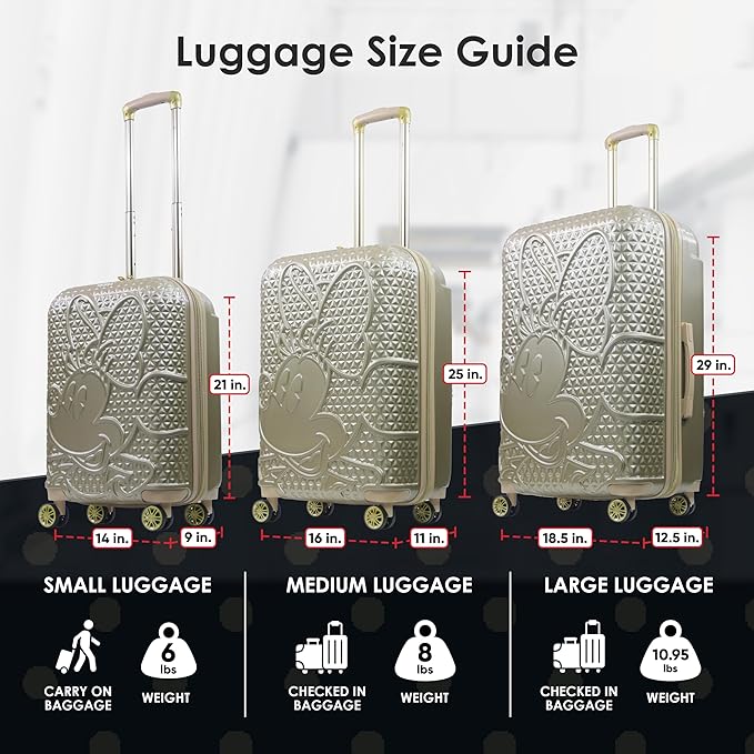 FUL Disney Minnie Mouse 3 Piece Rolling Luggage Set, Textured Hardshell Suitcase with Wheels Set, 22.5, 25 and 29 Inch, Taupe