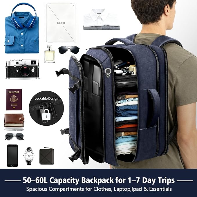 Travelability Carry On Backpack,Expandable 1-7 DAYS Roomy Travel Backpack with Cable Access Port,Anti Theft Water Resistant Fits 18.4"Laptop Large Business Backpack for Men Women,Flights Approve,Blue