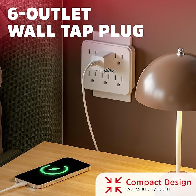 Energizer 4 Packs of 6 Device Multi Plug Wall Outlet Extender (6) AC Power Outlets Grounded Power Strip Expander Outlet Splitter Plug in Adapter, White, ENG-4PKTAP01