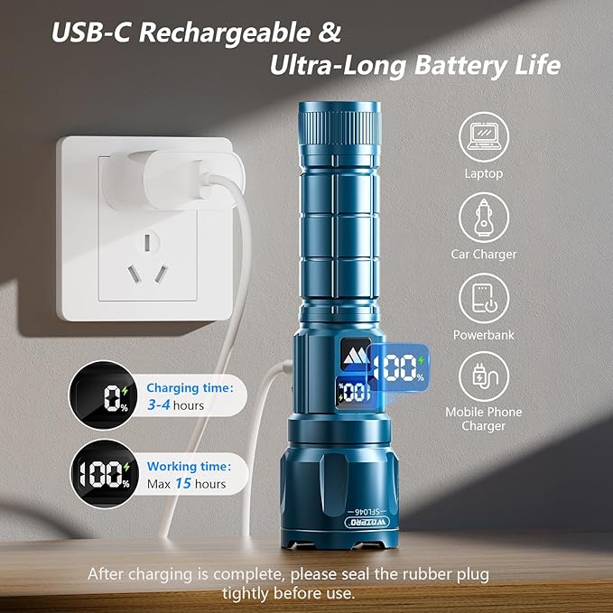 WdtPro LED Rechargeable Flashlight 2 Pack, Super Bright Zoomable 6000 Lumens Tactical Flashlight with LCD Digital Display, 3 Mode Waterproof Flash Light for Camping, Hunting & Home Emergency - Blue