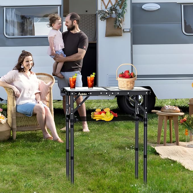 Folding Camping Table with Storage Net, 3 Adjustable Height Max 27.5" Aluminum Small Folding Table, Portable Table with Carry Handle, Lightweight, for Outdoor Indoor Travel Camping Picnic