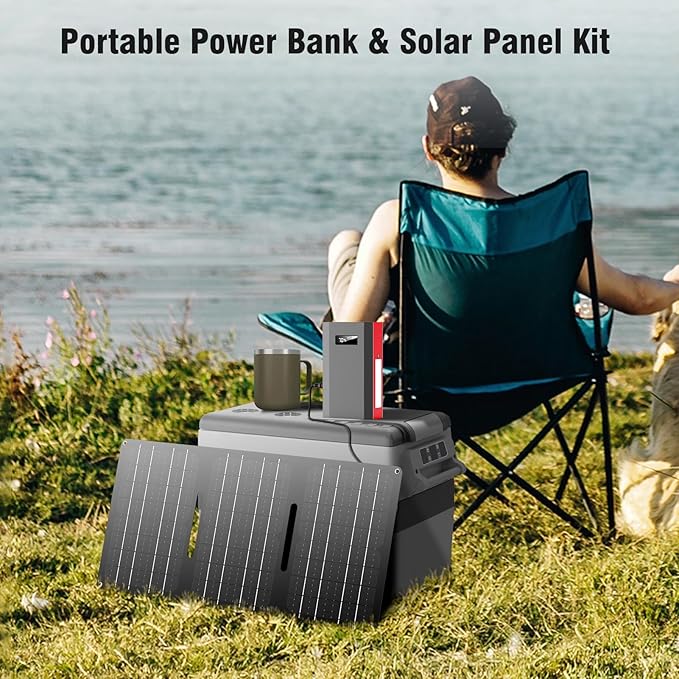 Solar Power Bank with AC Outlet 110V 65W, 100W USB C Power Bank Fast Charging Battery Pack with 30W solar charger Panel Foldable for Laptop Smart Device Outdoor Hilking fishing Power Outage Backup