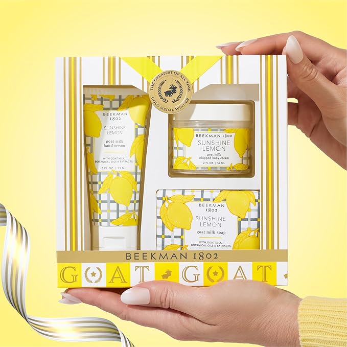 Beekman 1802 Sunshine Lemon 3-Piece Body Care Set – Goat Milk Skincare Gift Set with Bar Soap, Whipped Body Cream & Hydrating Hand Cream – Travel Size Body Care Kit
