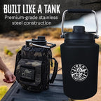 Iron Infidel Battle Bottle - One Gallon Insulated Water Bottle with Dual Carry Handles - 128 oz Tactical Stainless Steel Water Jug & Rugged Extra Large Sleeve with Storage (Black Camo 128 Ounces)