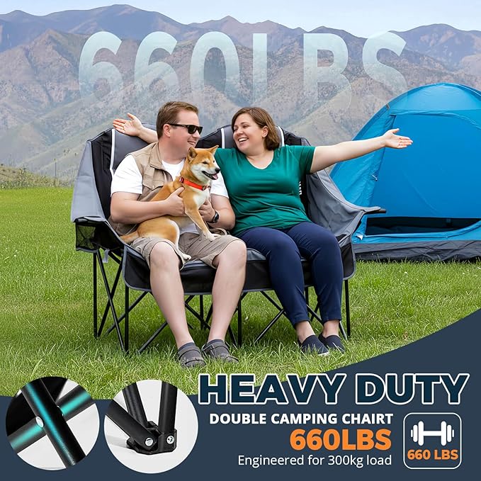 Double Camping Chair for Adults Oversized 2 Person Loveseat Chair for Heavy People, Folding Padded Outdoor Seat with Cup Holders & Carry Bag, 660 lbs Capacity, for Camping, Sports, Backyard