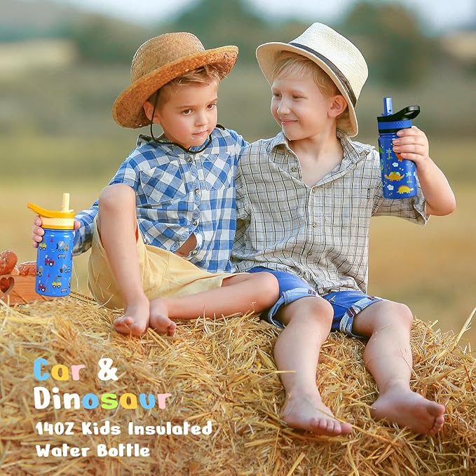 2 Pack Insulated Kids Water Bottle, BUZIO 14oz Stainless Steel Water Bottles with Tritan Straw Lid, BPA-FREE Lead-Free Double Wall Leak Proof Drink Cups Flask for School (Blue Car +Blue Dinosaur)