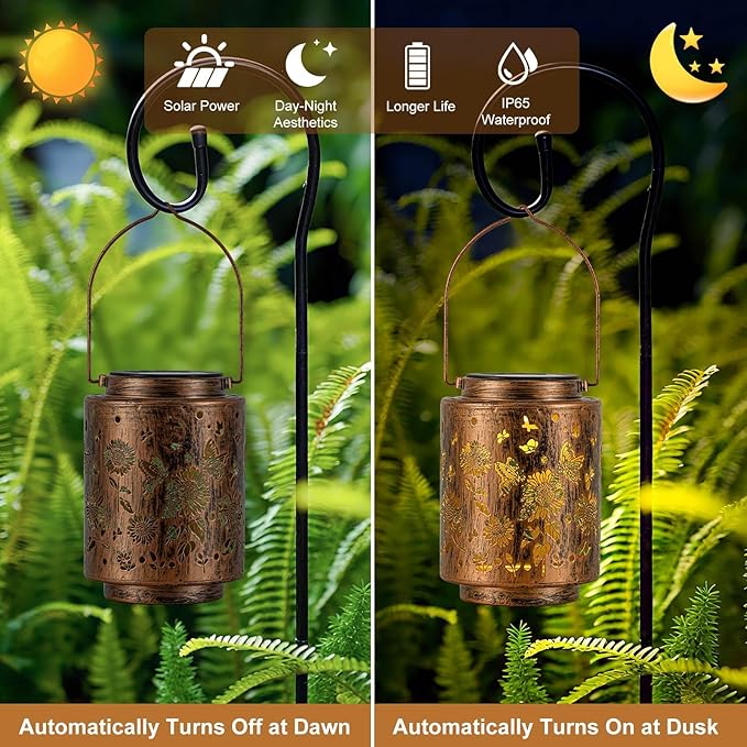 Hanging Solar Lanterns for Outside Sunflower and Butterfly Decorative Lights Warm Glow with Metal Finish Garden Lanterns Waterproof Gifts for Women Patio Décor