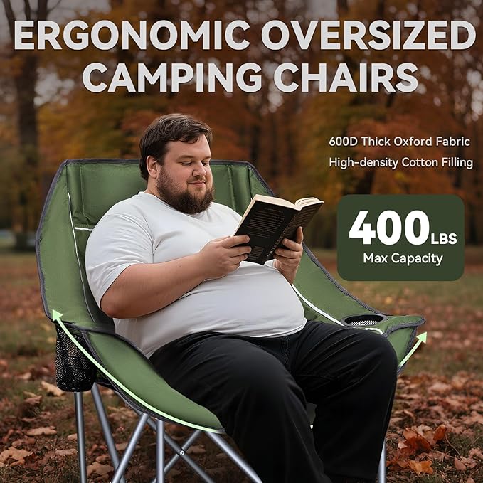 Oversized Camping Chair for Adults – Heavy Duty Folding Chair with Cup Holders, Storage Pocket & Carry Bag – Outdoor Padded Camp Chair for Camping, Backyard, Fishing & Sports – Supports 400lbs