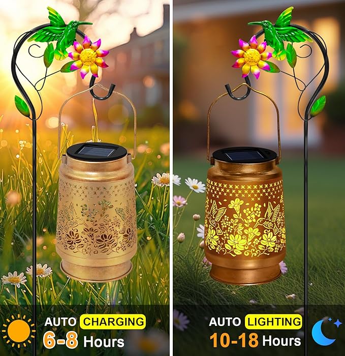 Hummingbird Solar Lanterns Outdoor Waterproof, Hanging Solar Lights Garden Lanterns with Shepherd Hook, Metal Garden Decor for Yard, Patio, Lawn, Landscape, Gifts for Women Mom Mothers Day Christmas