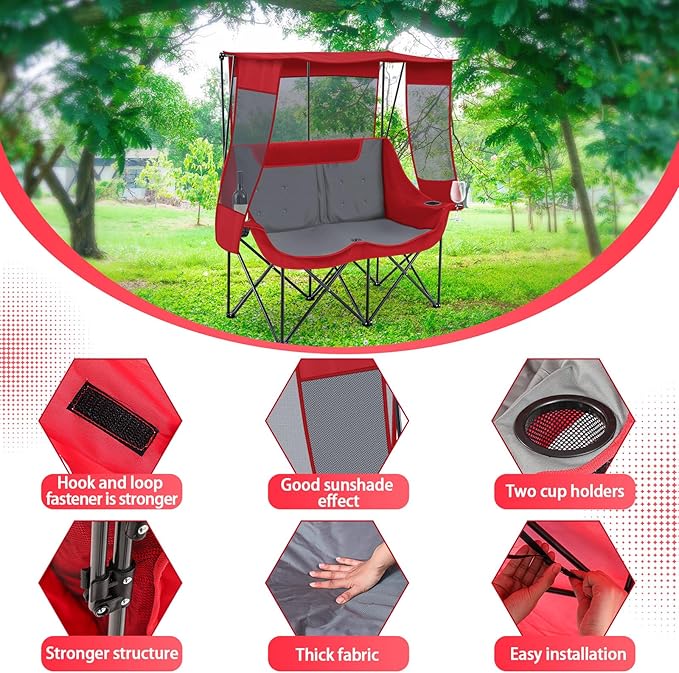 Double Camping Chair with Canopy Shade Oversized 2 Person Camping Sofa Fully Padded Folding Loveseat with Cup Hold and Storage Bag Sturdy for Lawn Beach Fall Outdoor Activities(Dark Red)