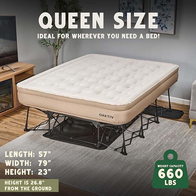 Queen Air Mattress with Frame, Self Inflating/Deflating Bed for Adults - PeakRest Blow Up Bed, Camping Cot with Mattress for Adults - Portable Queen Bed with Travel Rolling Case on Wheels