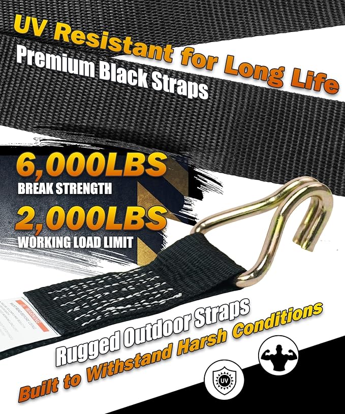6 Pack 2" x 15ft Ratchet Straps Heavy Duty Tie Down Straps with J Hooks, 2000 LBS Working Load, 6000 LBS Break Strength Cargo Straps for Truck, Trailer, Motorcycle, Moving, Black
