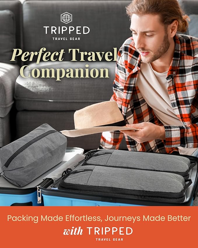 Premium Compression Packing Cubes for Travel, Compression Packaging Cube, Zip Bags Premium 6-Piece Set with laundry bag and shoe bag by TRIPPED Travel Gear (Grey)