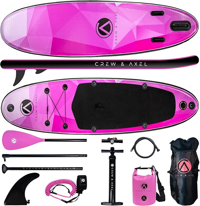 Crew Axel Inflatable Paddle Board 10’33’6” Extra Wide & Lightweight (18lb) Paddle Board – Premium SUP Set Includes 2 Bags, Floating Paddle, Camera Mount, 3 Fins, Dual Pump Kit