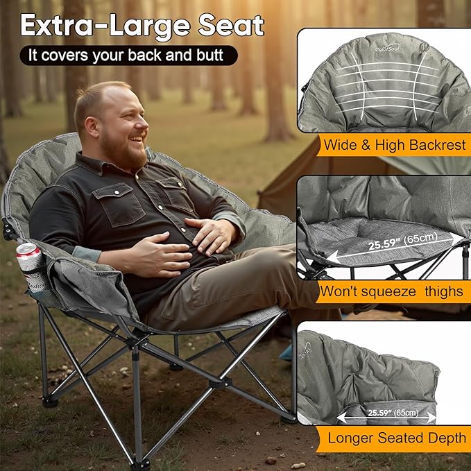 Colorsoul Oversized Camping Chairs Heavy Duty, Full Padded Foldable Camping Chairs for Adults with Cup Holders, Portable Camp Lawn Chairs for Outdoor, Support 450lbs,Yellow Grey