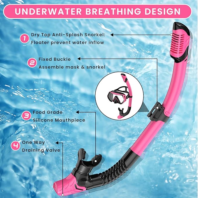 Snorkeling Gear for Adults, Adult Snorkel Mask Set Scuba Diving Dry-Top, Swimming Goggles w/Nose Cover, HD Tempered Glass Panoramic Anti-Leak Anti-Fog, Travel Snorkeling Packages Storage Bag, 2 Pack