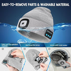 VIBELITE Bluetooth Beanie Hat with Light, USB Rechargeable LED Headlamp with Wireless Headphones, Gifts for Men, Him, Husband, Boyfriend, Grey