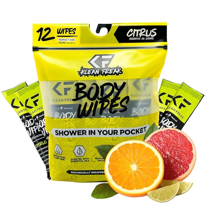 Body Cleansing Wipes - Original Biodegradable Natural Disposable Wipes, Individually Wrapped for the Gym, Workout, Hiking, Travel, and Sport, Citrus 12-Count…