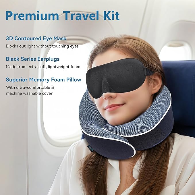 Orthopedic Neck Pillow Travel Neck Pillows for Airplanes, Memory Foam Kit, Updated Resting Material, Airplane Travel Set with 3D Contoured Eye Masks, Earplugs, and Luxury Mesh Bag (Blue)