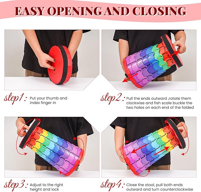 2 Pack Portable Telescoping Stools Collapsible Stool with Cushion,Retractable Foldingstool Max Load Capacity 400lbs, Portable Collapsible Stools for Camping Hiking Outdoor BBQ Rainbow-Red