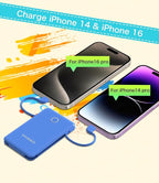 6000mah Ultra Slim Built in Cables Power Bank, Card Size Built in USB C Cords Battery Pack Portable Charger for Phones, 3 Output External Battery Pack Compatible with iPhone, Samsung, Deep Blue