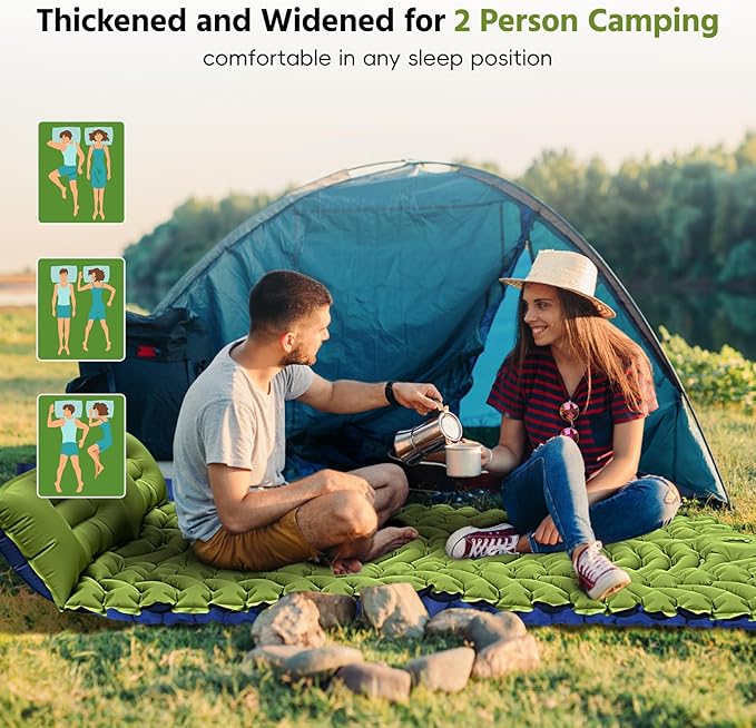 Double Sleeping Pad for Camping, Self Inflating 4" Extra Thick Camping Sleeping Pad for 2 Person with Pillow, Built-in Foot Pump, Portable Sleeping Mat for Backpacking, Hiking, Travel Tent