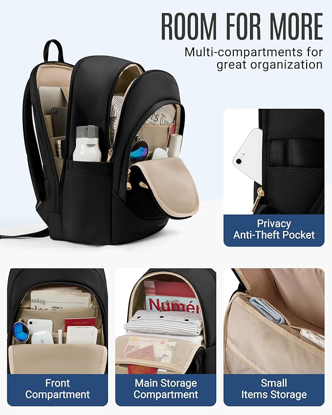 LIGHT FLIGHT Travel Backpack for Women, 15.6 Inch Laptop Backpack with USB Charging Hole, Water Resistant College Bookbag, Large Capacity Black Computer Backpacks for Work, Black