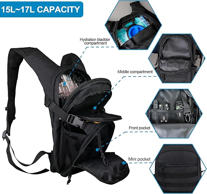 Tactical Hydration Backpack 2L Water Bladder - Lightweight Durable Pack for Hiking, Running, Outdoor Adventures, Adjustable Straps & Leak-Proof Design