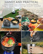 HOMGEN 12-Pieces Ultralight Anodized Aluminum Camping Cookware Set for 2 People - Nesting Pot/Pan with Foldable Handles 800ml Insulated Teapot & Stainless Cups for Camping Hiking