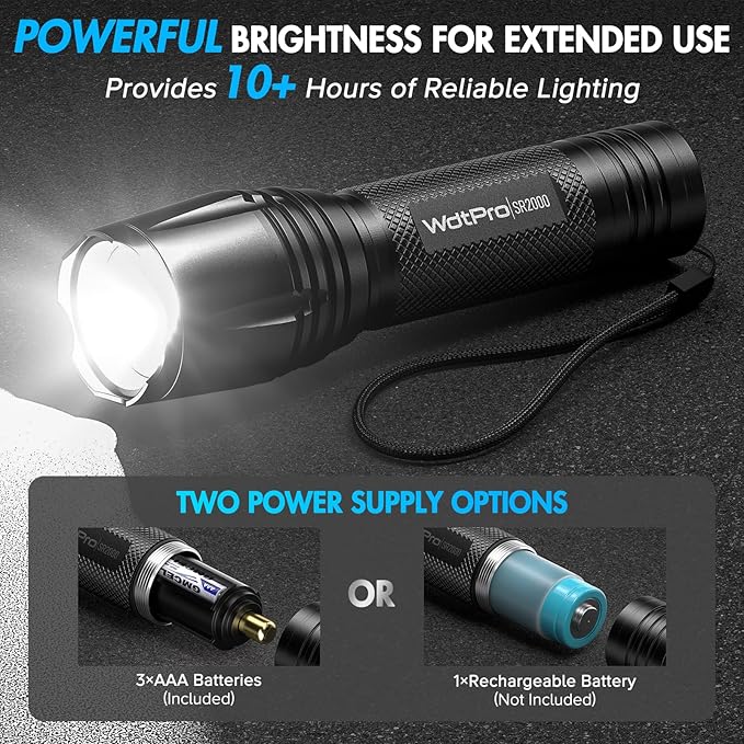 WdtPro LED Flashlight High Lumens SR2000 Pro, 4 Pack Brighter Tactical Flashlights with 5 Modes & Zoomable, Powerful Mini Flash Light for Emergency, Camping, Hiking (Black)