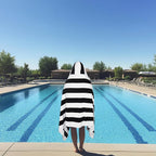 COTTON CRAFT Hooded Beach Towel – Oversized 35 x 70 Towel with Hood for Adults - 100% Cotton Velour Dobby Terry Towel - 450 GSM Pool Bath Wrap - Soft Absorbent Quick Dry – Cabana Stripe Black