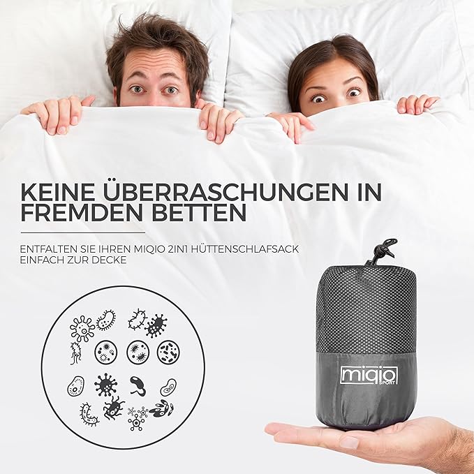 MIQIO Sport 2-in-1 Sleeping Bag Liner and XL Sized Travel Sheet - Ultra Lightweight Sleep Liner Double Travel Bed Sheet - Inlett Inlay