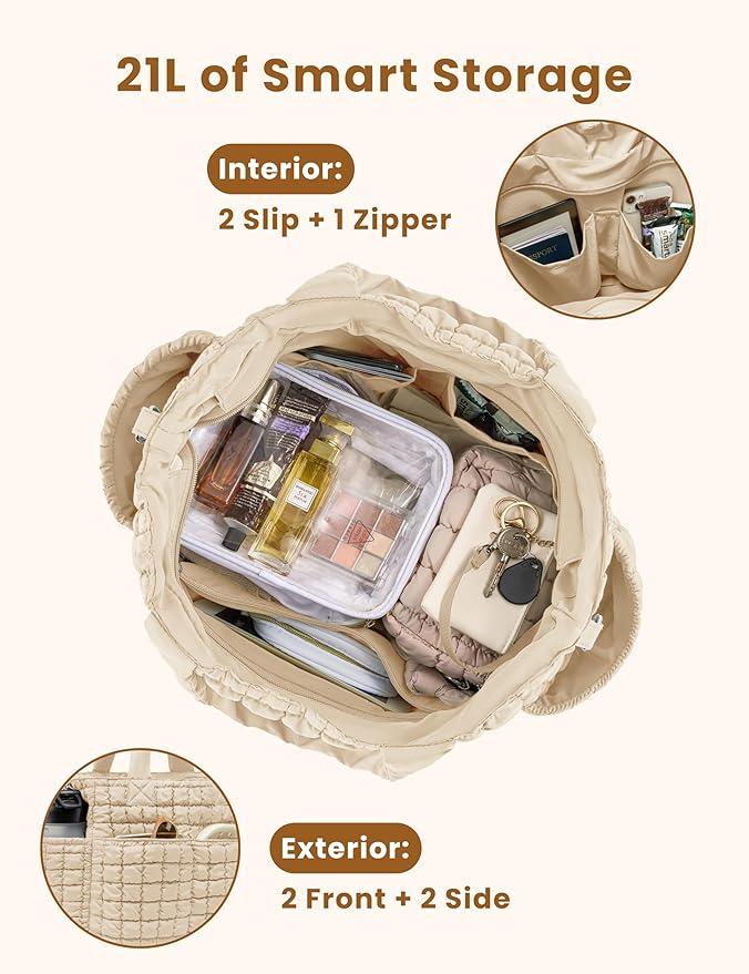 Yarnic Large Puffer Tote Bag for Women, Puffy Shoulder Handbag Quilted Tote Bag with 7 Pockets for Travel Work Gym