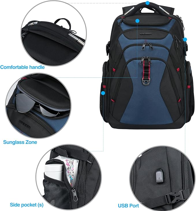 KROSER Travel Laptop Backpack 17.3 Inch XL Computer Backpack with Hard Shell Saferoom RFID Pockets Water-Repellent Business College Daypack Stylish Bag for Men/Women-Black Haze Blue