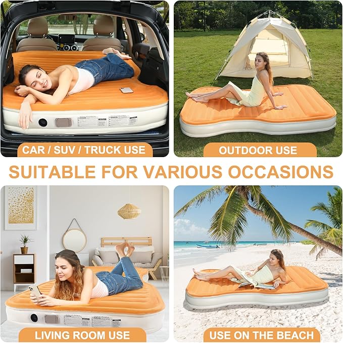 KMZ SUV Air Mattress with Built-in Pump & 2 Pillows, Thickened Flocked PVC, Quick 90-Seconds Inflation Air Bed, Portable & Durable Car Air Bed for Camping, Travel, Truck