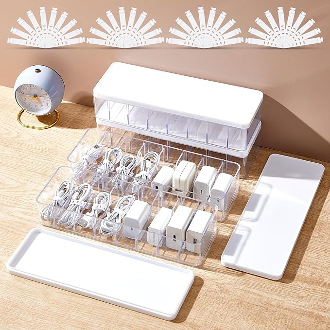 Tatuo 4 Pcs Cable Organizer Box with Wire Ties, Plastic Cord Storage Box with Lid, Electronics Organizer for Home Office Desk Organizers and Accessories (Clear,White)