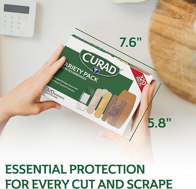 CURAD Assorted Bandages Bulk Variety Pack 320 Count 5 Styles Including Waterproof, Sheer, Plastic, Heavy Duty & Flex-Fabric First Aid Kit Essentials Protects Scrapes, Cuts & Burns