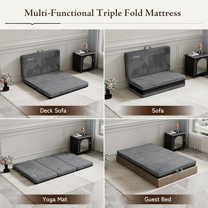 Tri Folding Mattress Twin Size - Memory Foam Tri-fold Mattress, Handle & Non-Slip Bottom, Portable Foldable Sofa Bed Floor Chair for Travel RV Camping Guest Yoga - 4 Inch, 75" 38"x4"