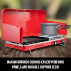 Hike Crew 2-in-1 Gas Camping Stove and Griddle, Portable Propane Burner w/Integrated Igniter & Stainless Drip Tray | Built-in Carrying Handle, Foldable Legs & Wind Panels | Includes Regulator